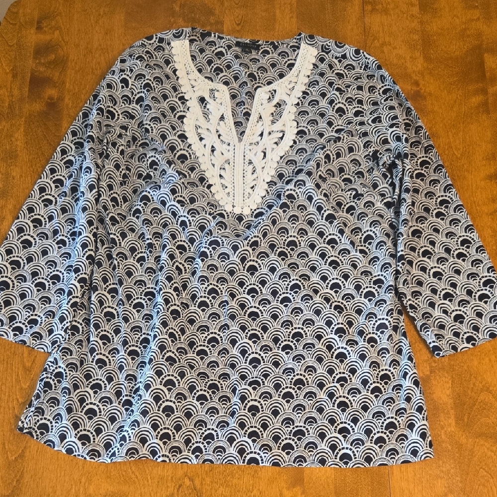 Talbots Black and White Scallop Blouse